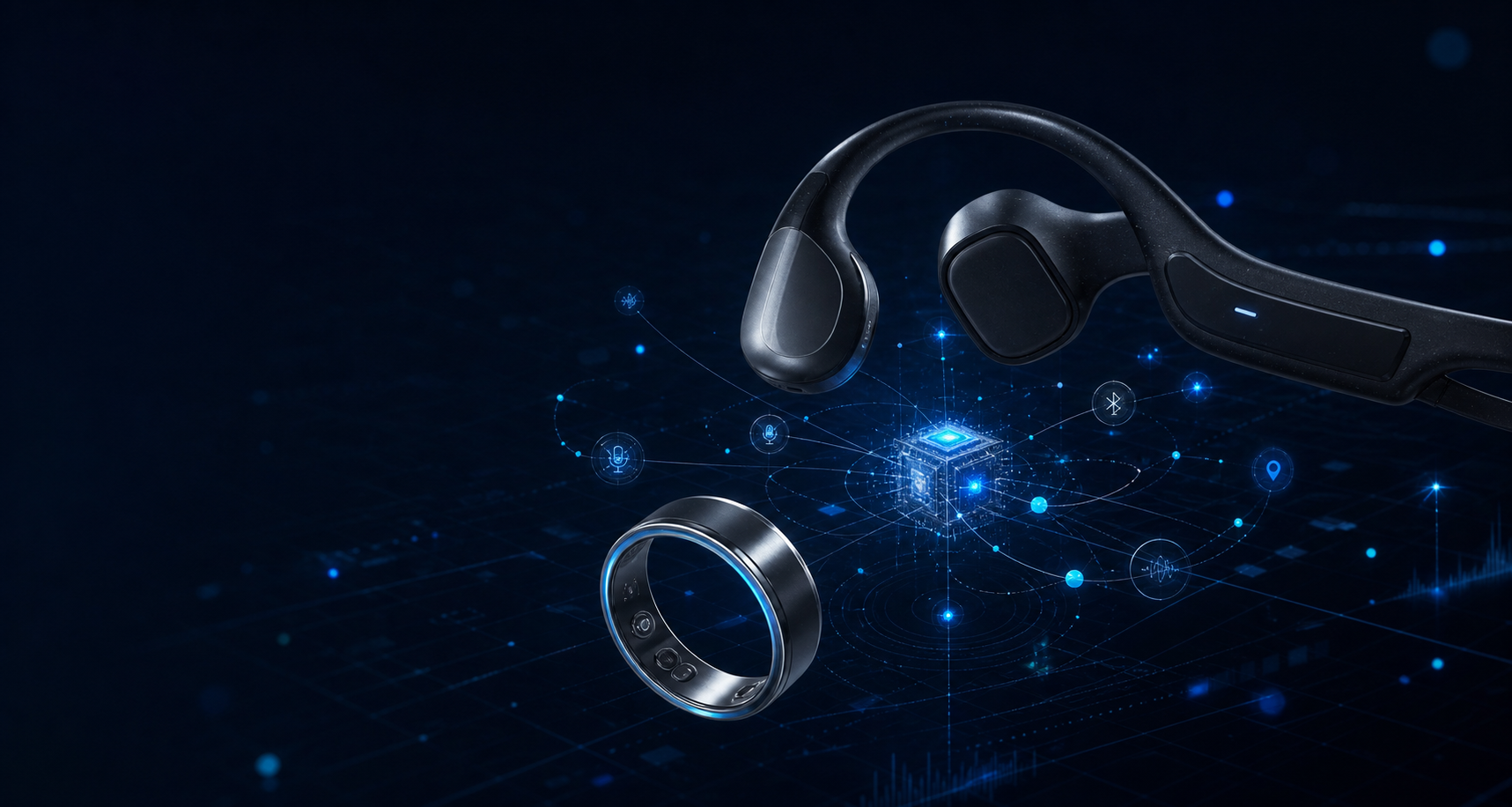 Auricular de conducción ósea y anillo inteligente conectados a un núcleo de procesamiento ambiental