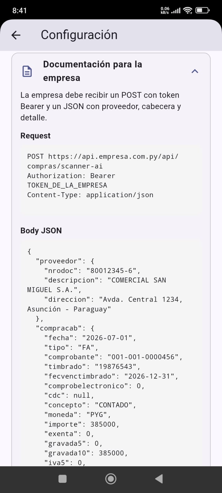 Documentación de la API de Vortex/A: POST con token Bearer y JSON