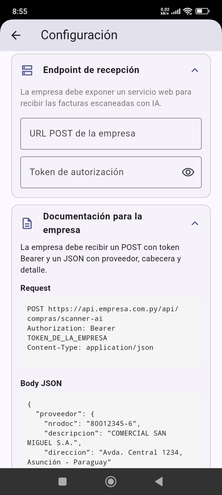 Endpoint de recepción para integrar Vortex/A vía API